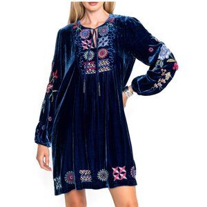Johnny Was Embroidered Velvet Mini Dress Size-M Blue